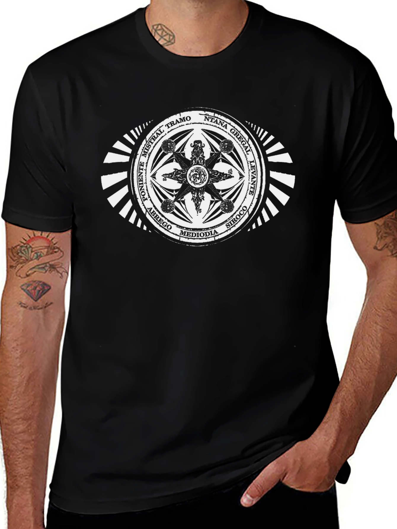 Unique Compass Rose Graphic Tee - Black Cotton