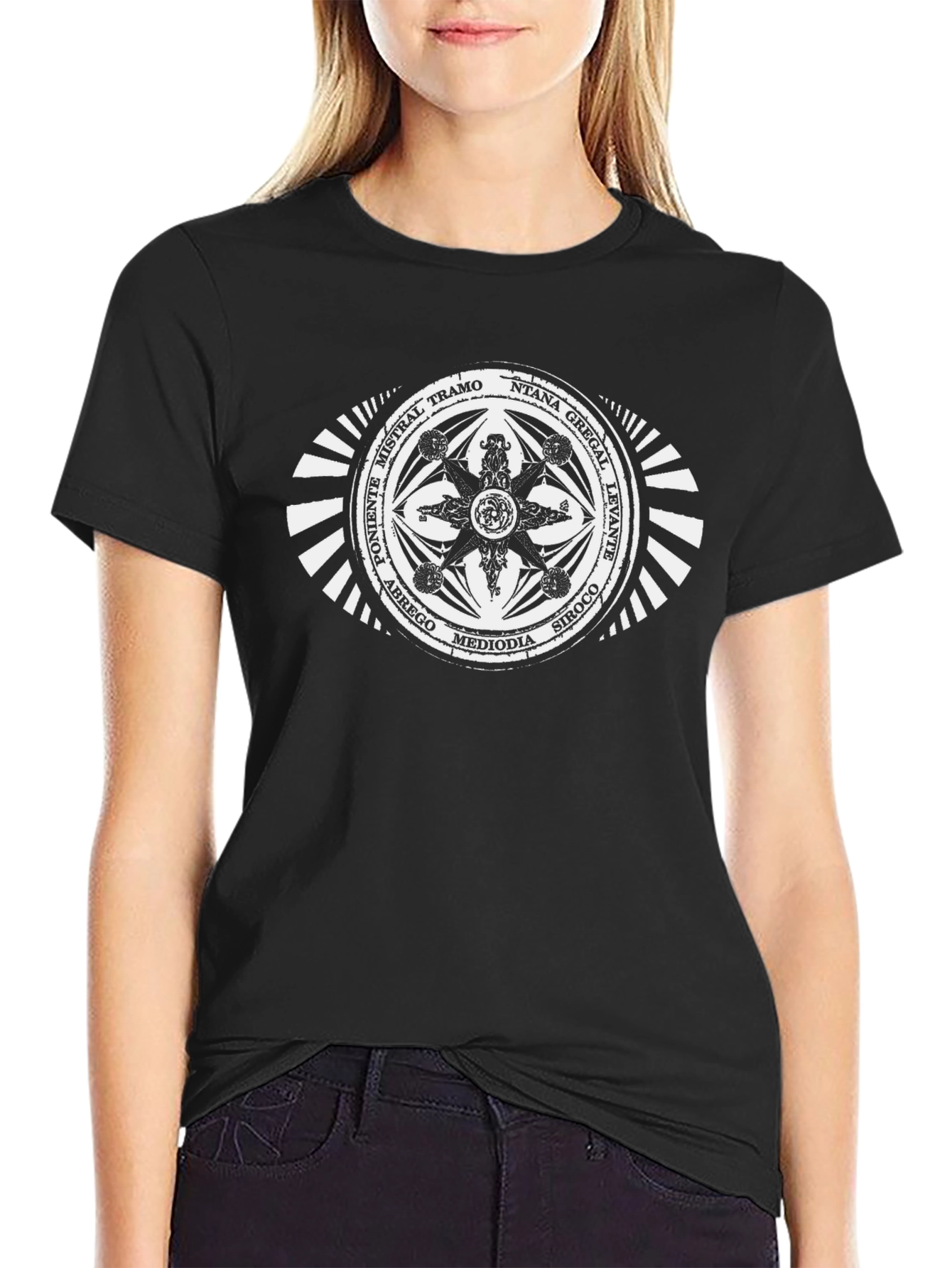 Unique Compass Rose Graphic Tee - Black Cotton