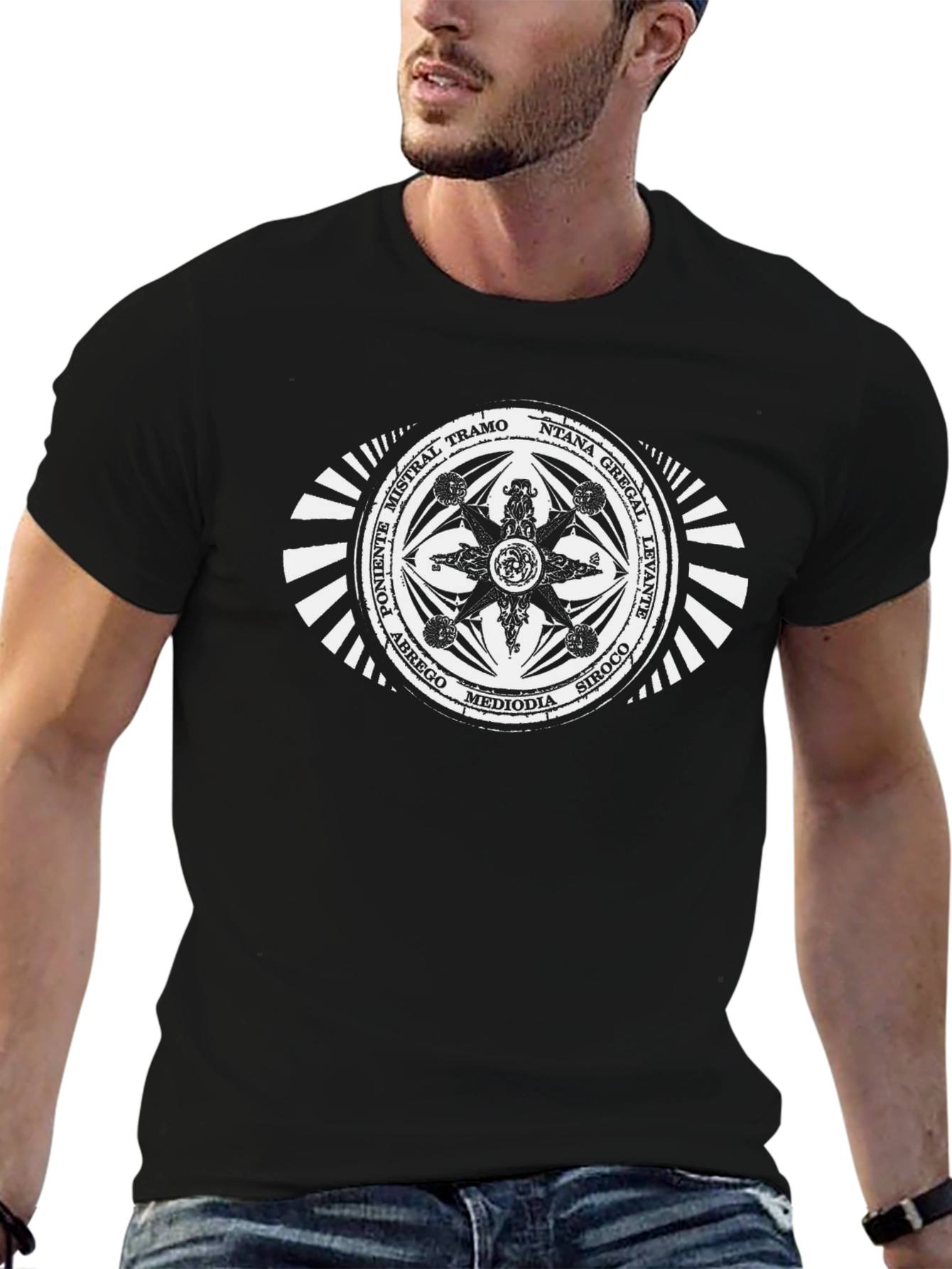 Unique Compass Rose Graphic Tee - Black Cotton