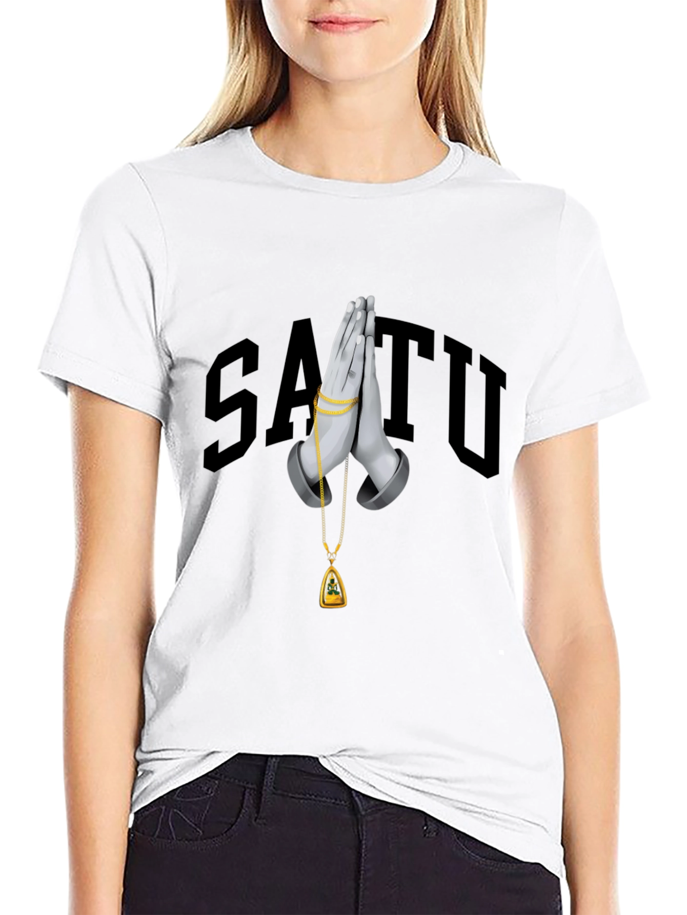 Stylish Black Graphic T-Shirt with Praying Hands Design