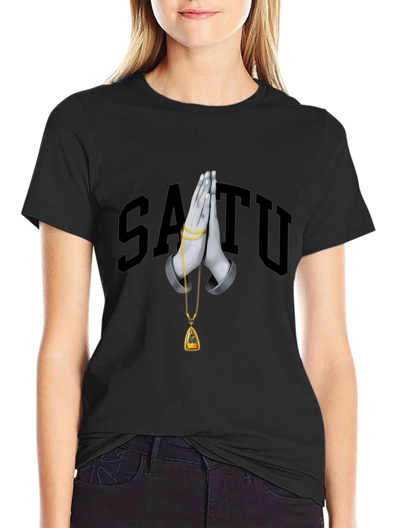 Stylish Black Graphic T-Shirt with Praying Hands Design
