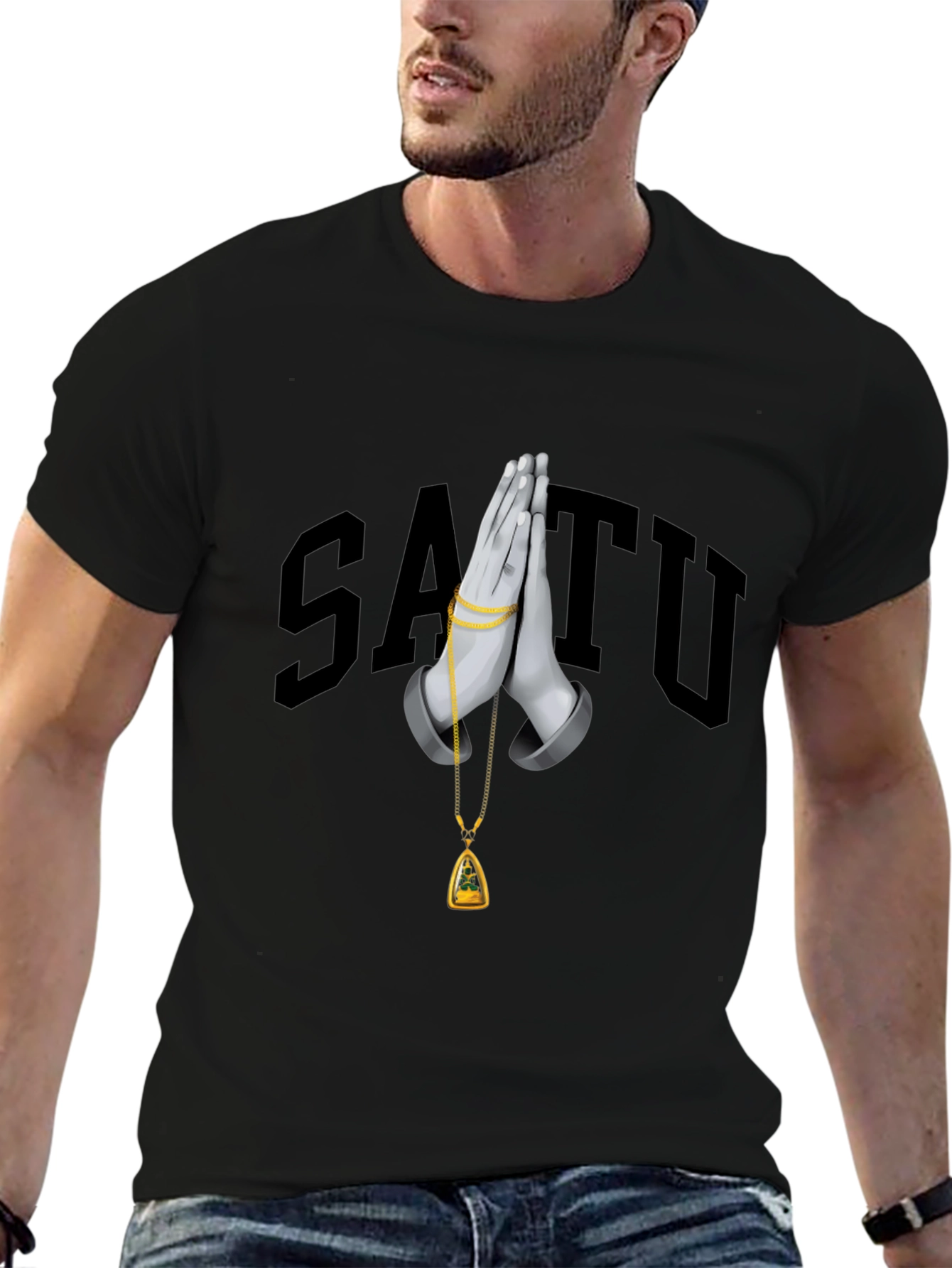 Stylish Black Graphic T-Shirt with Praying Hands Design