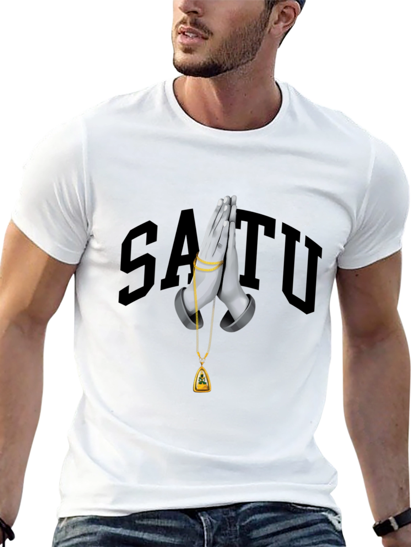 Stylish Black Graphic T-Shirt with Praying Hands Design