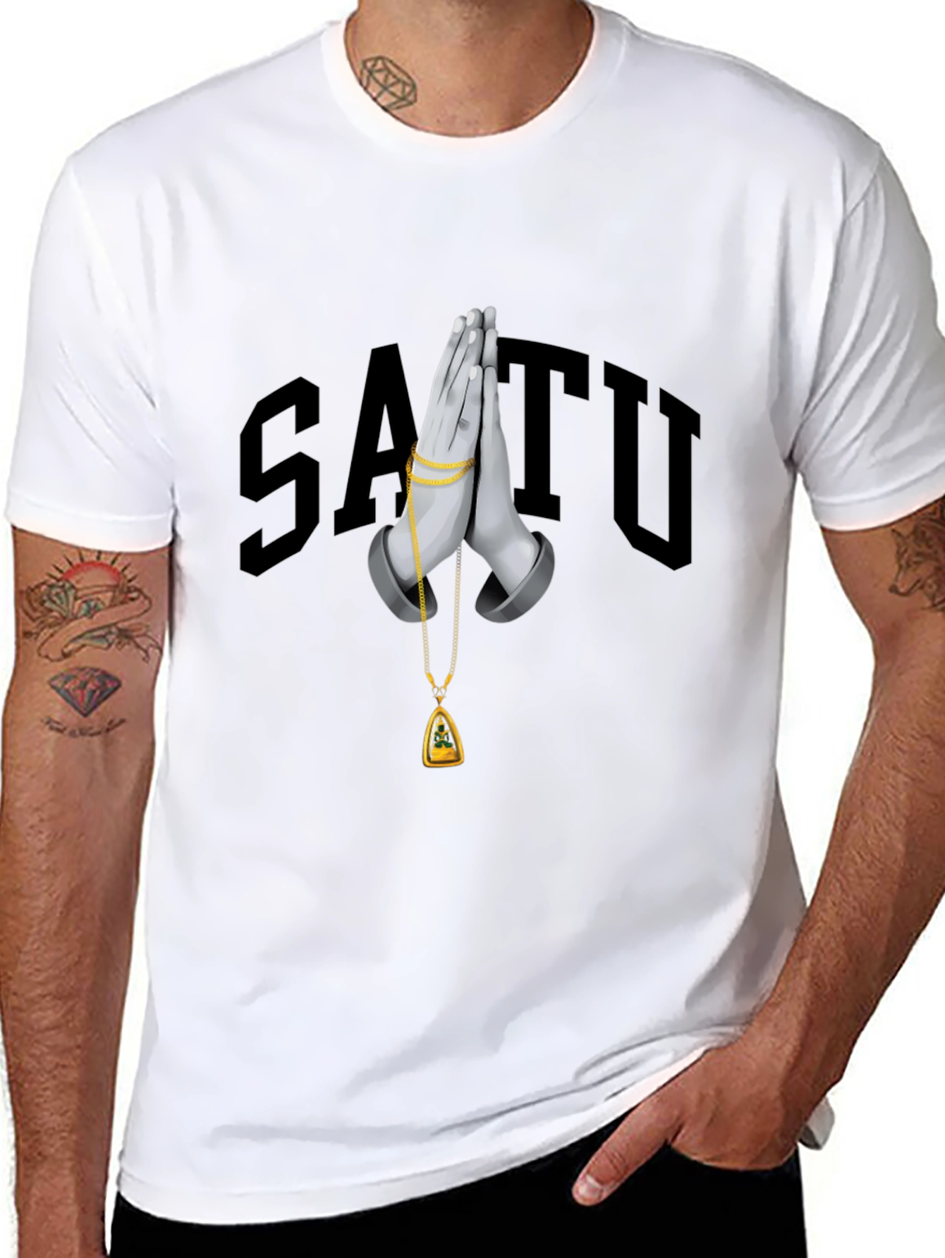 Stylish Black Graphic T-Shirt with Praying Hands Design
