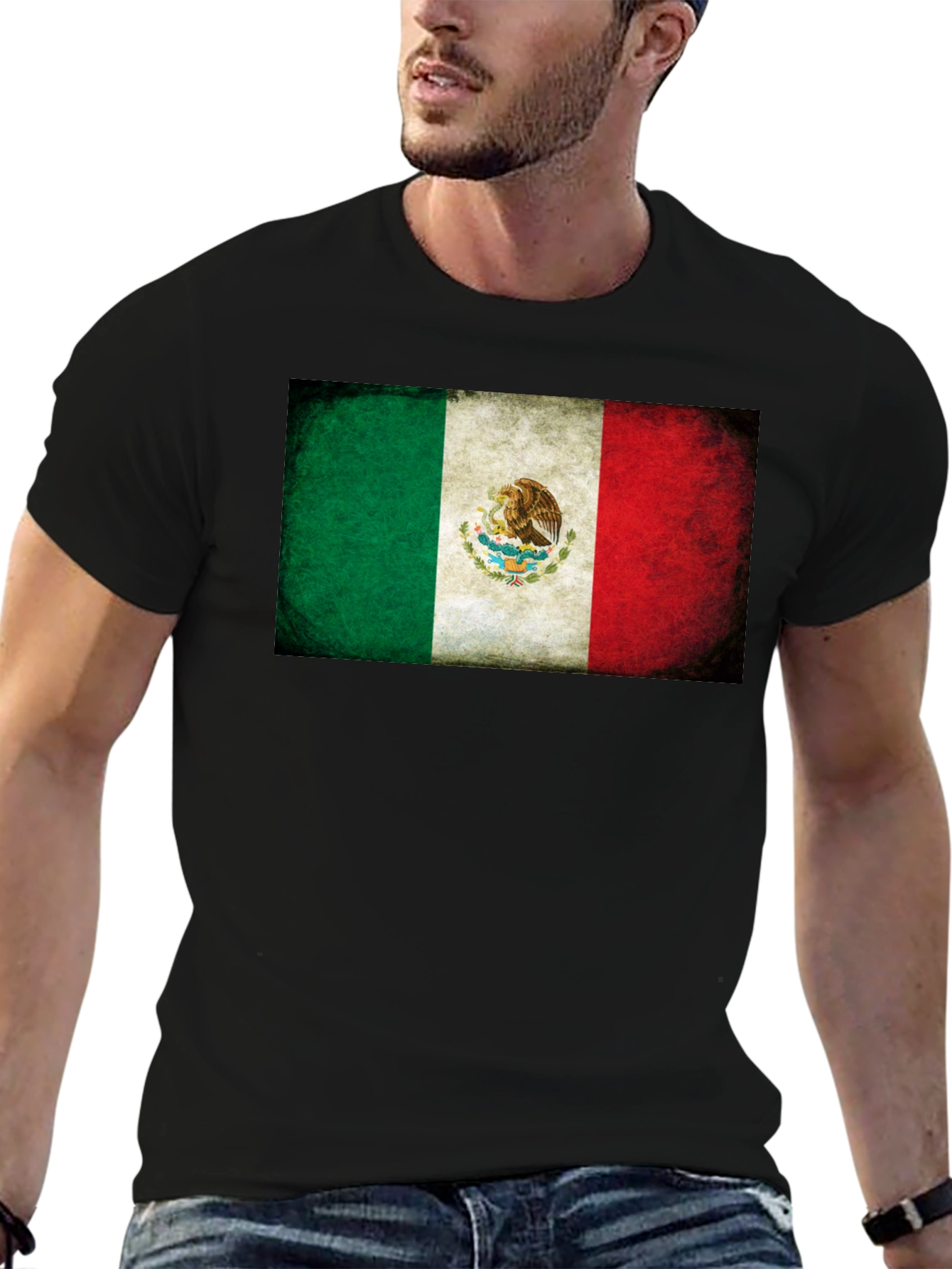 Mexico Flag Graphic Tee - Black Crew Neck T-Shirt