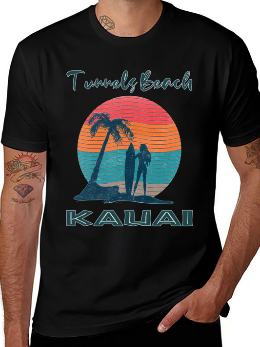 Tunnels Beach Kauai T-Shirt - Retro Sunset Palm Tree Graphic Tee