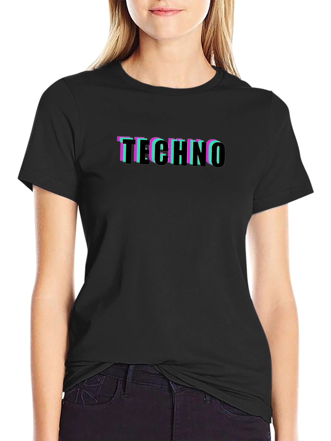 Retro Glitch Techno Graphic Black T-Shirt
