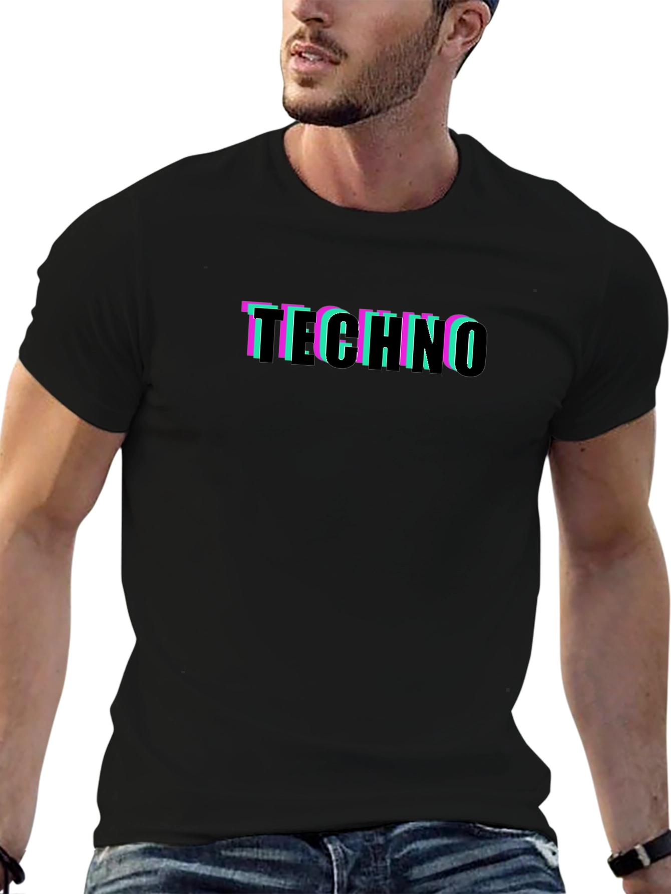 Retro Glitch Techno Graphic Black T-Shirt