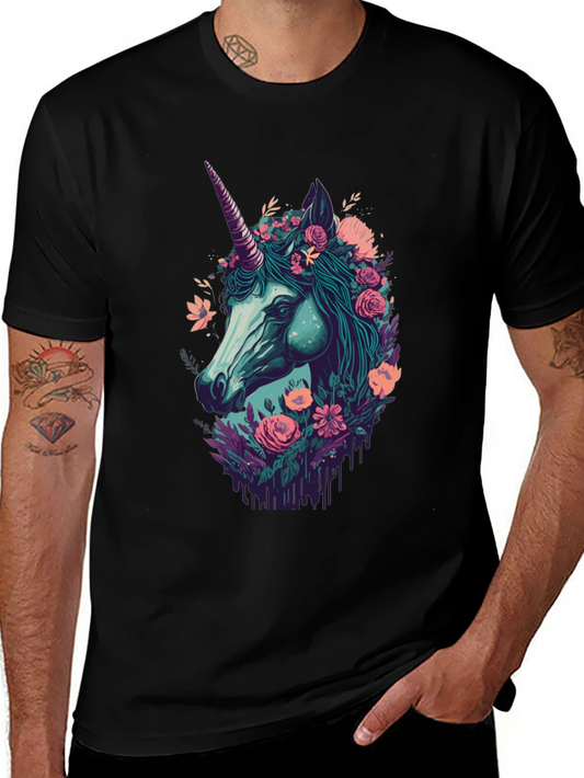 Floral Unicorn Graphic Tee - Black Cotton T-Shirt