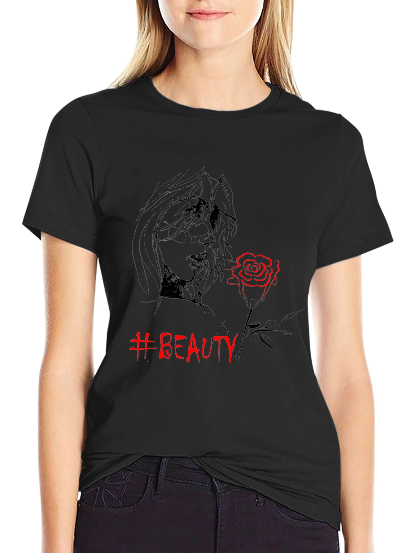 Beauty Rose Graphic Tee - Stylish Black T-Shirt