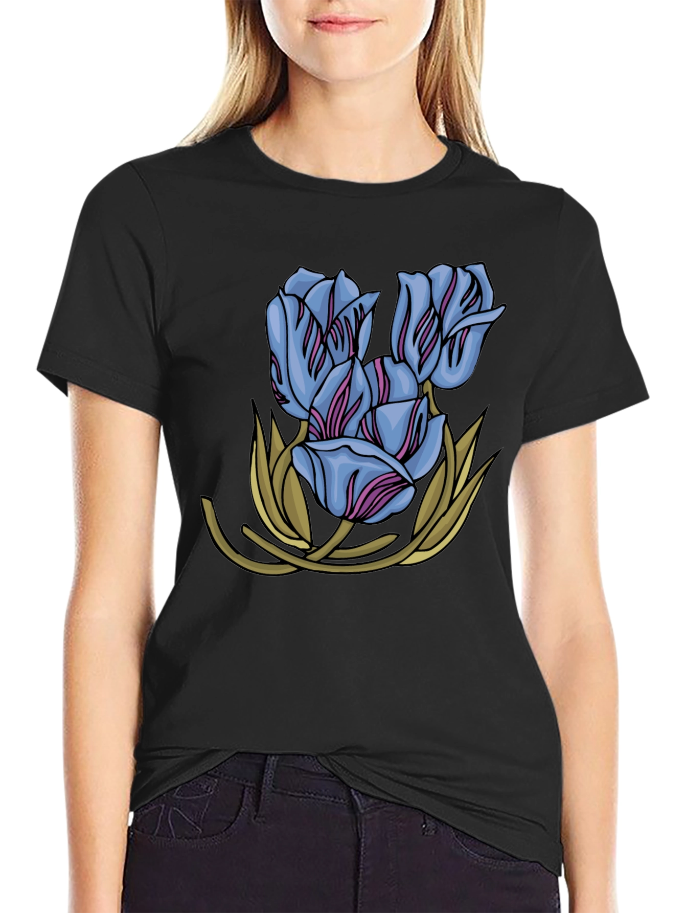 Floral Tulip Graphic Print Black T-Shirt