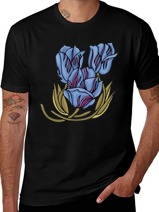 Floral Tulip Graphic Print Black T-Shirt
