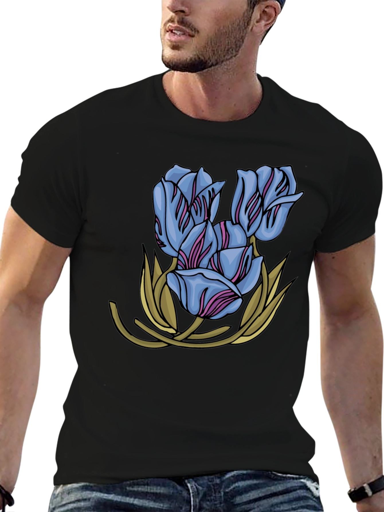 Floral Tulip Graphic Print Black T-Shirt