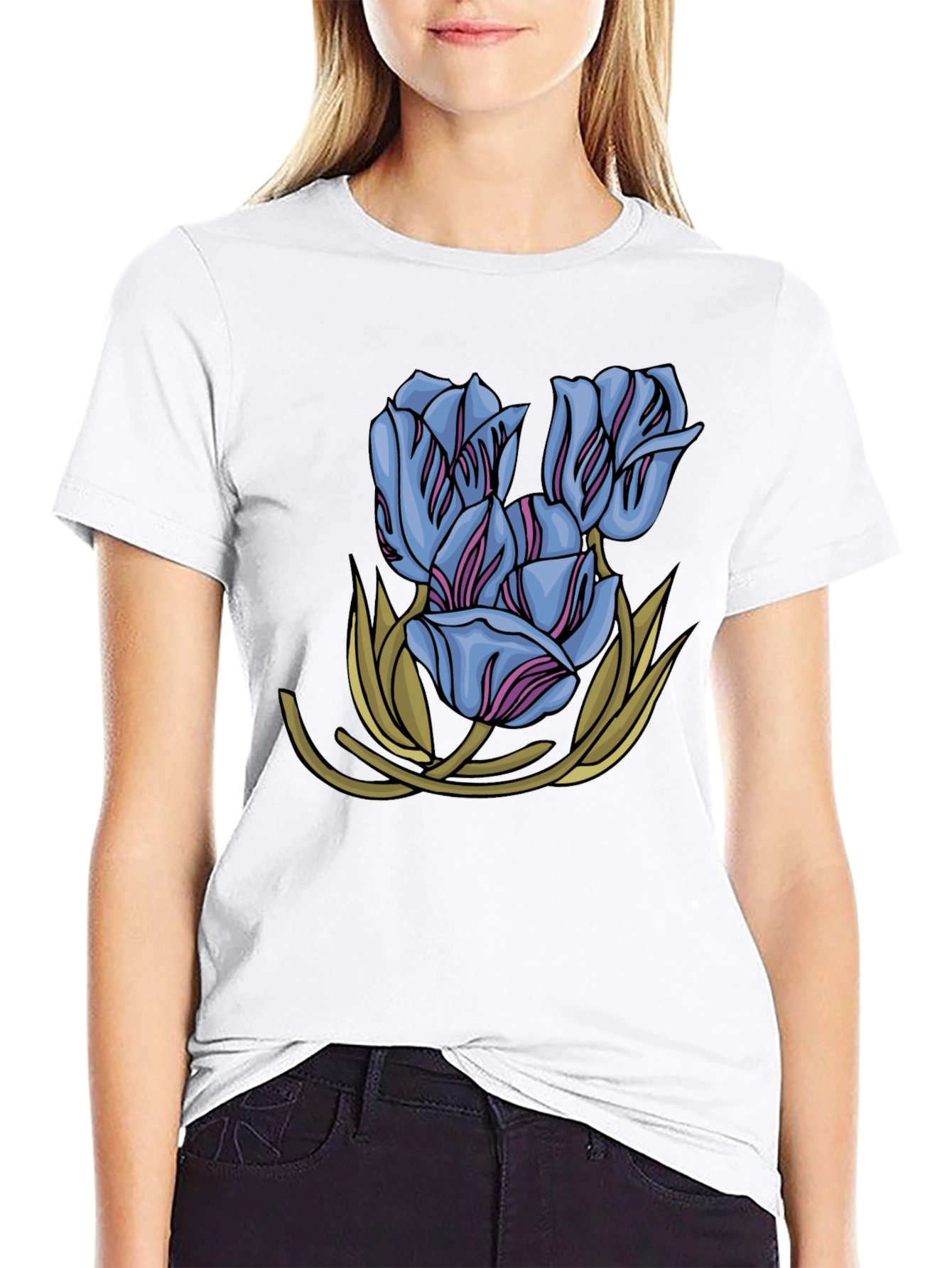 Floral Tulip Graphic Print Black T-Shirt