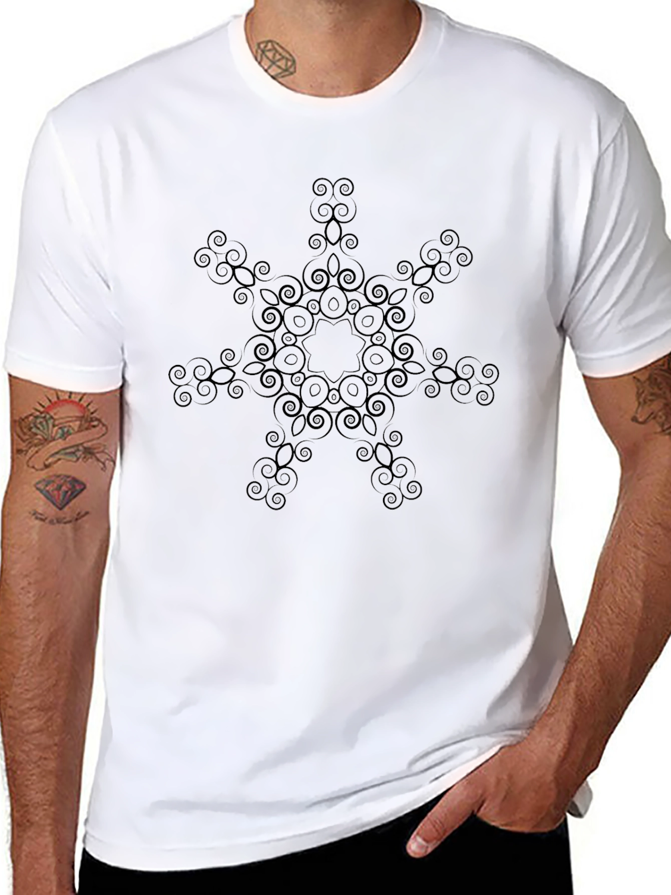 Mens Black Graphic Tee - Geometric Snowflake Design
