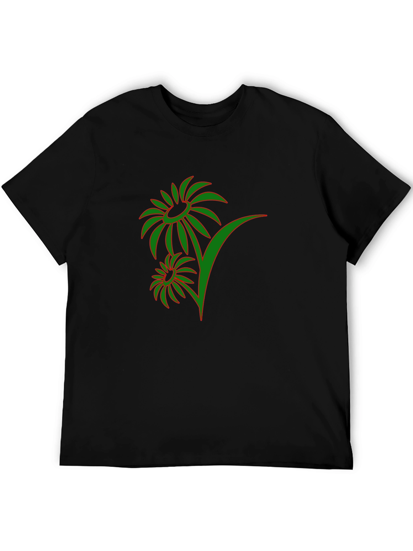 Mens Black T-Shirt with Green Floral Design