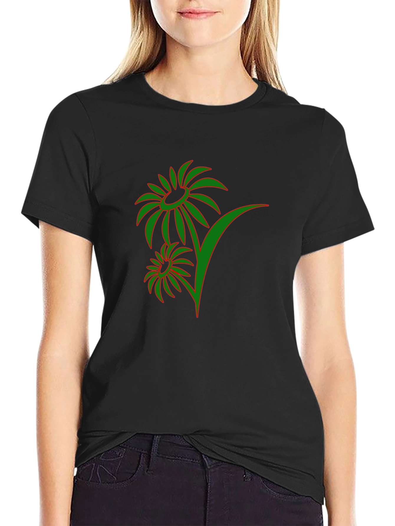 Mens Black T-Shirt with Green Floral Design