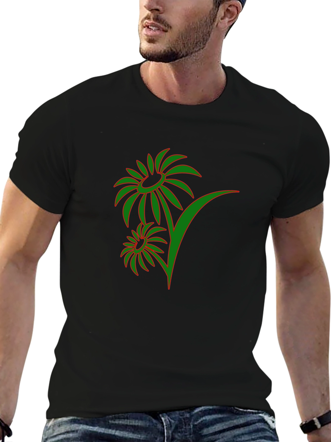Mens Black T-Shirt with Green Floral Design