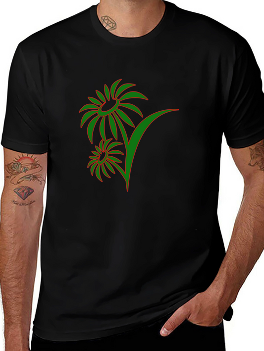 Mens Black T-Shirt with Green Floral Design