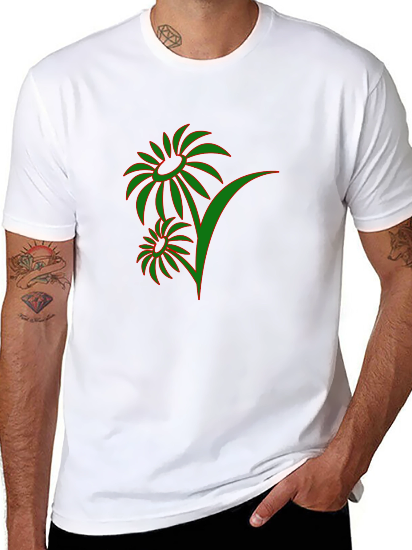 Mens Black T-Shirt with Green Floral Design