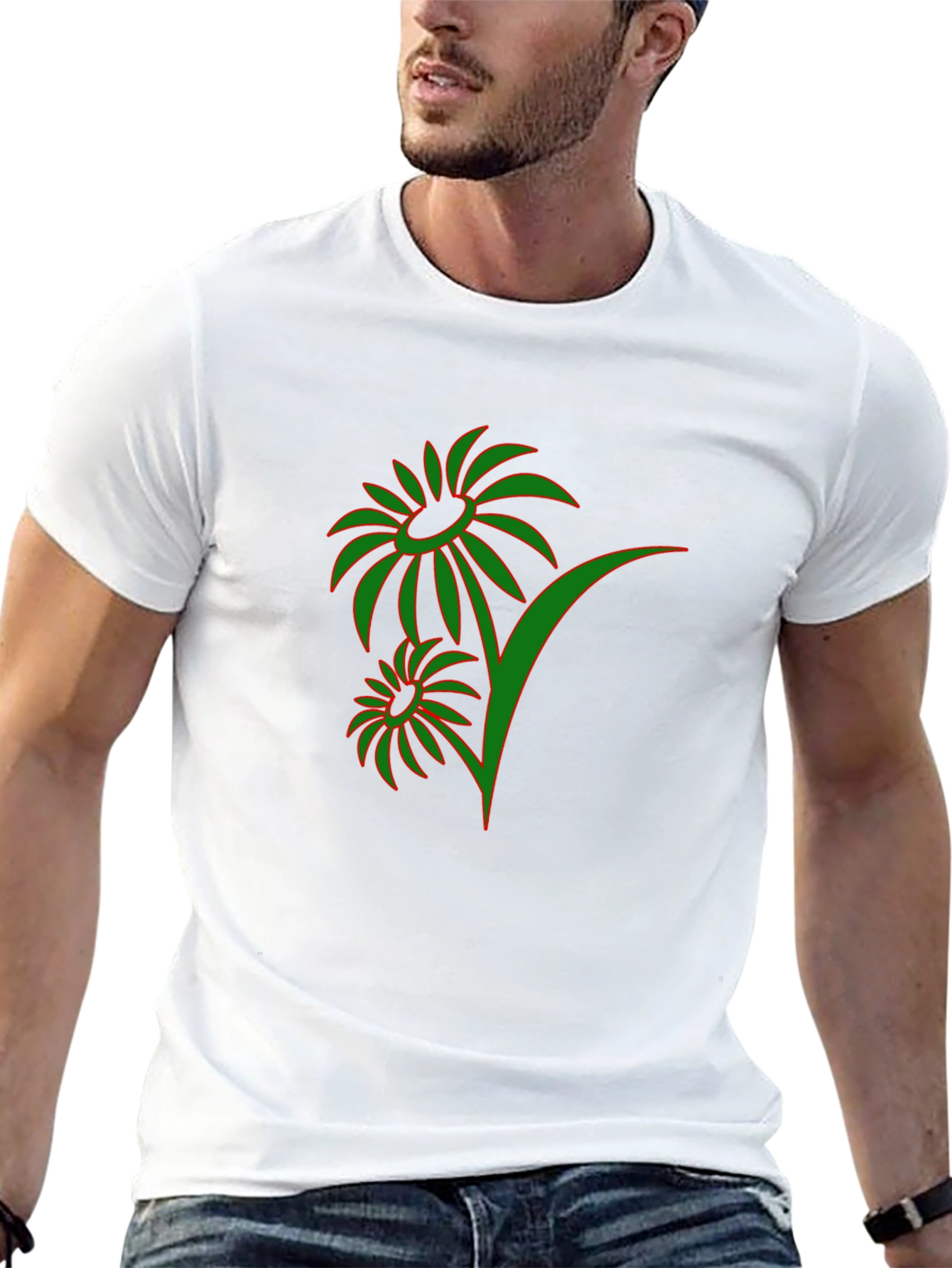 Mens Black T-Shirt with Green Floral Design