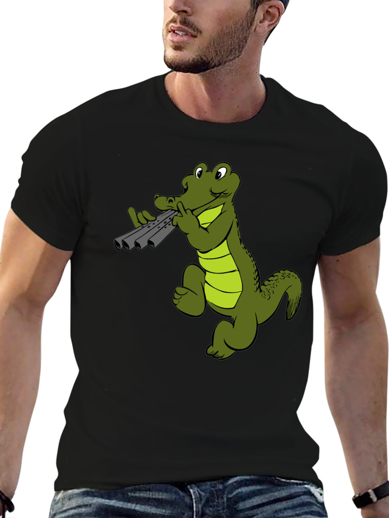 Cool Alligator Panpipes Graphic Tee - Black Cotton