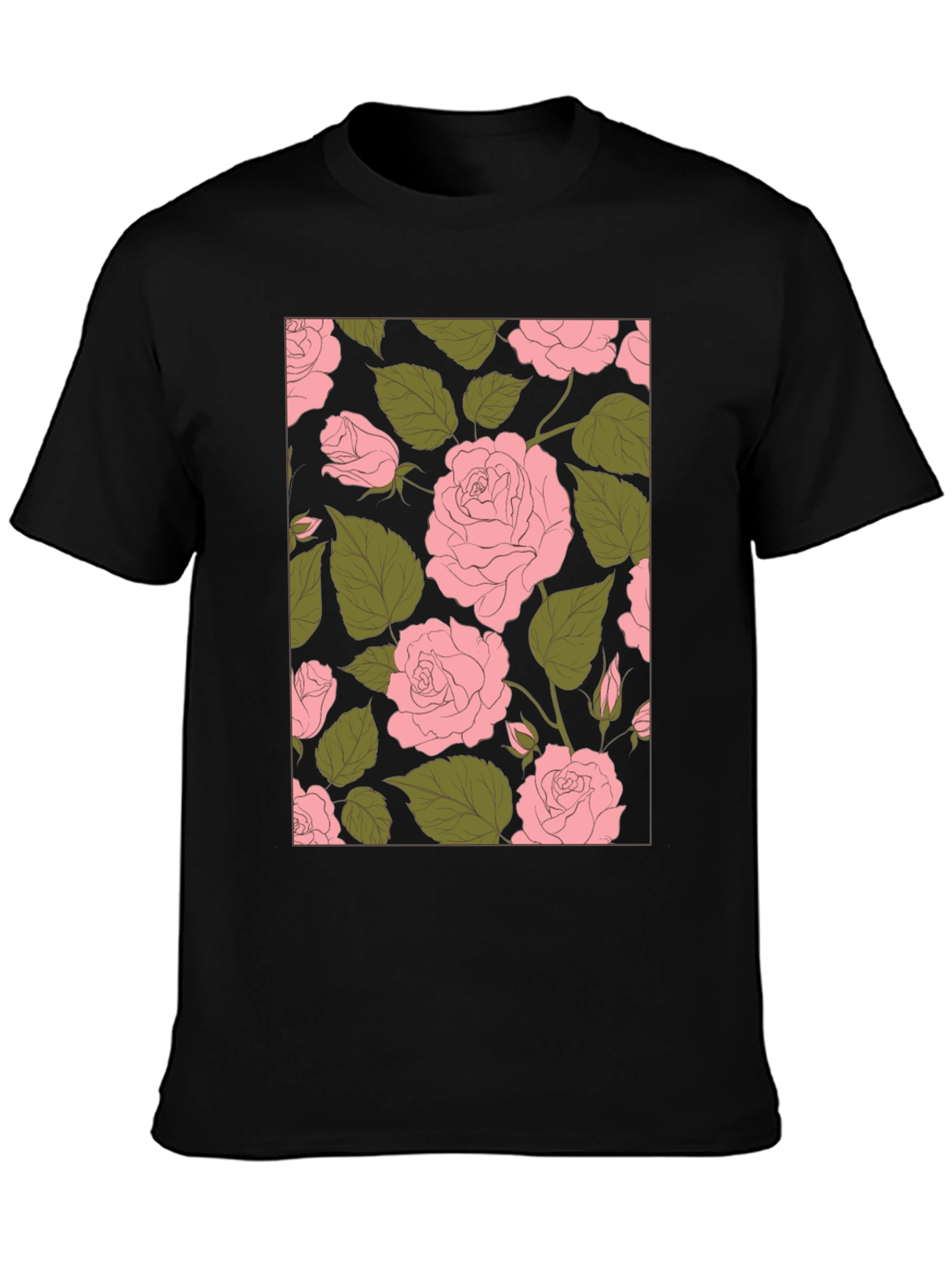Floral Rose Print Black Tee Shirt
