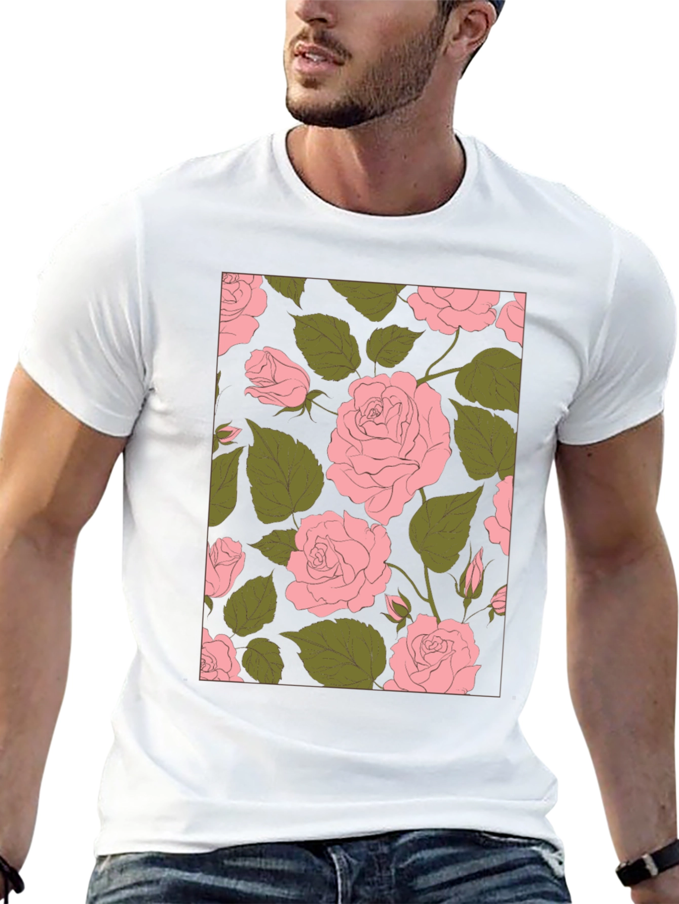 Floral Rose Print Black Tee Shirt