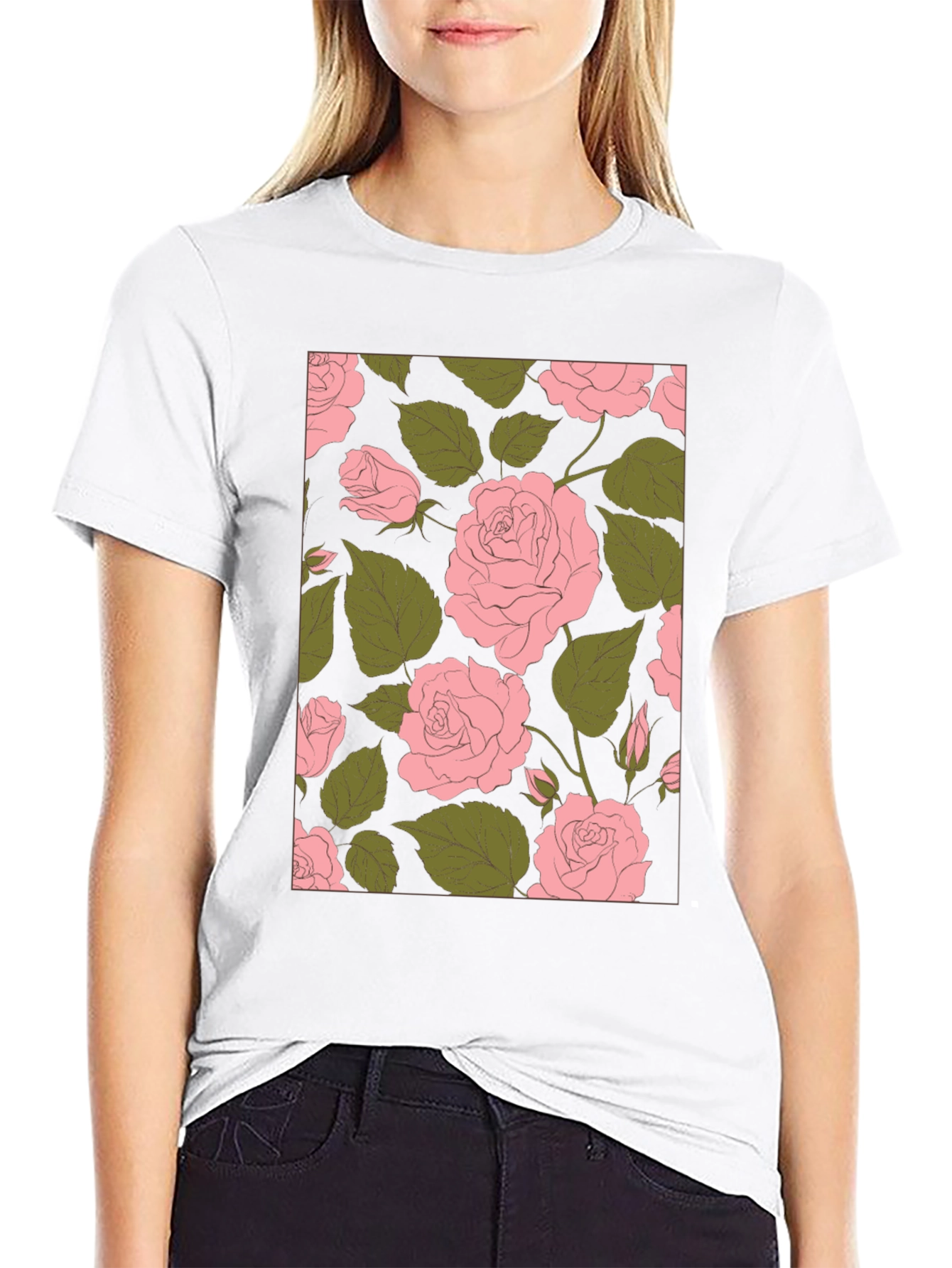 Floral Rose Print Black Tee Shirt