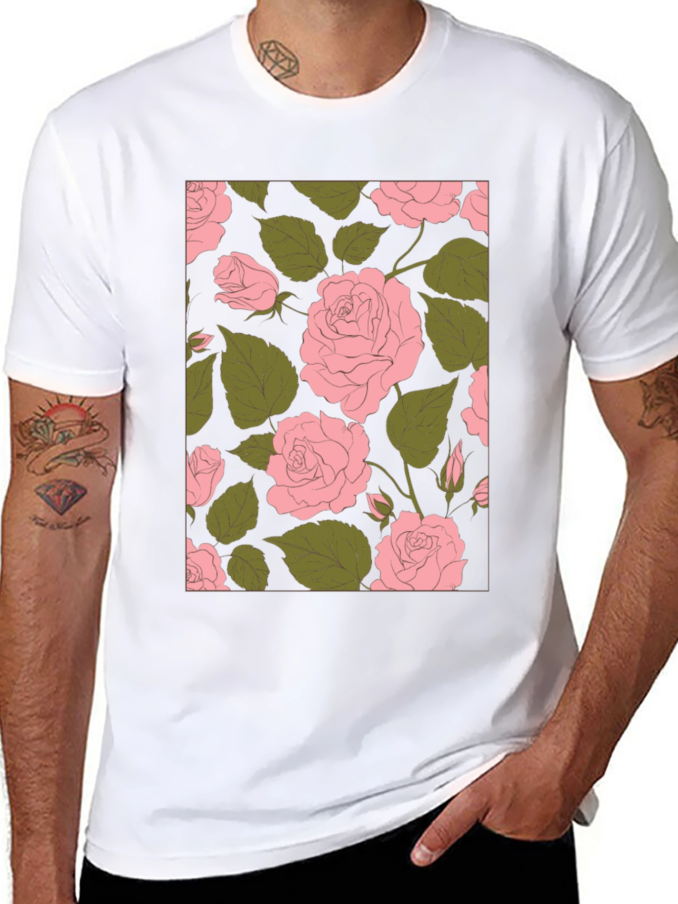 Floral Rose Print Black Tee Shirt