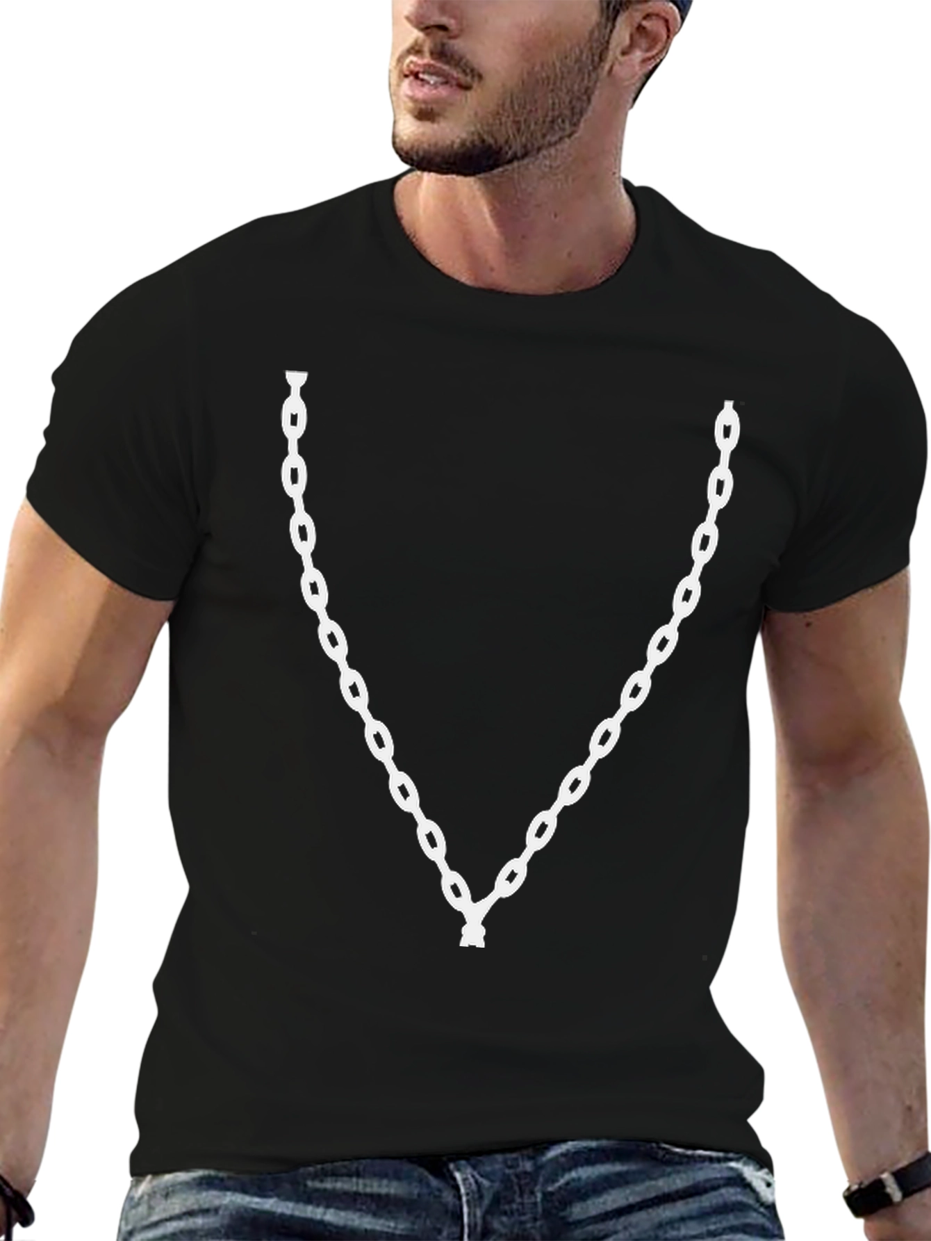Mens Black T-Shirt with White Chain Design