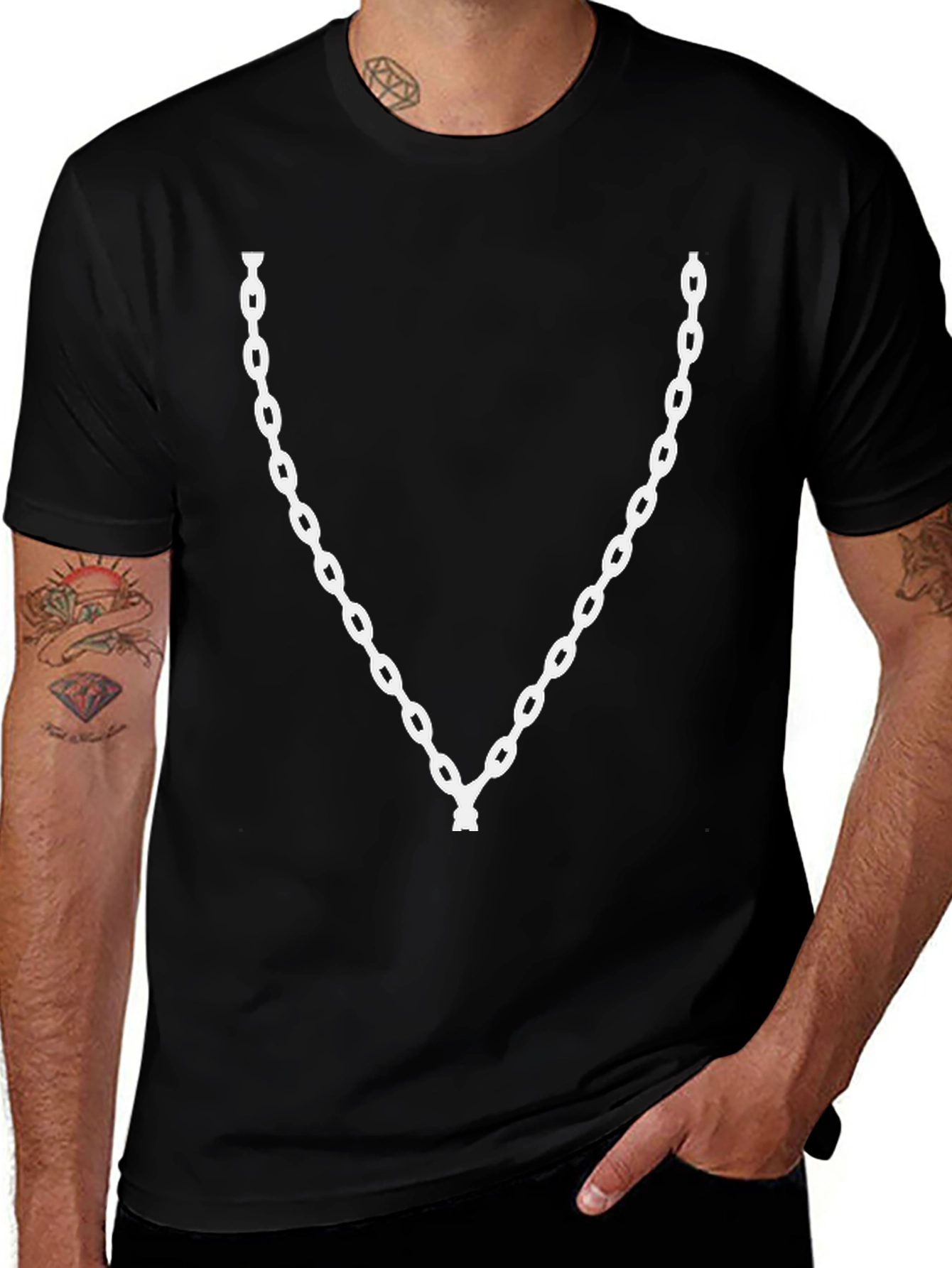 Mens Black T-Shirt with White Chain Design