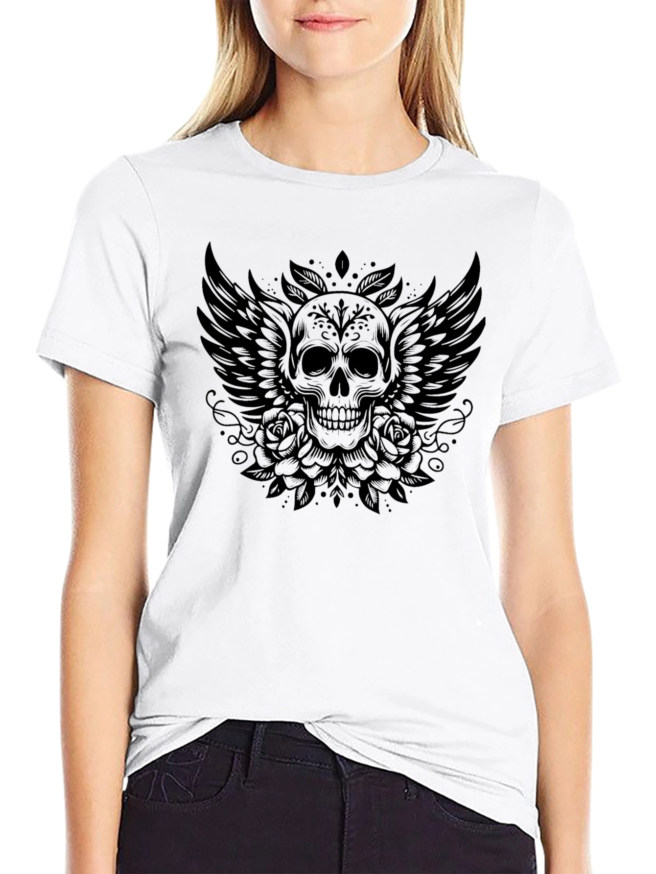 Skull Wings Roses Graphic Tee - Black T-Shirt