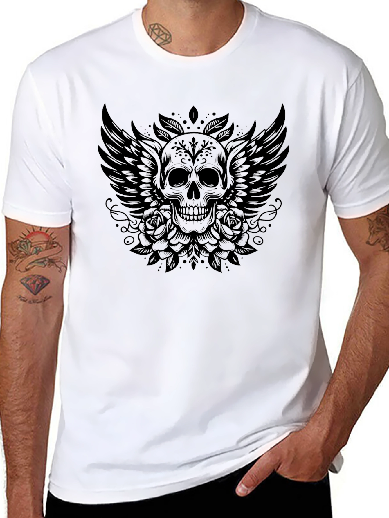 Skull Wings Roses Graphic Tee - Black T-Shirt