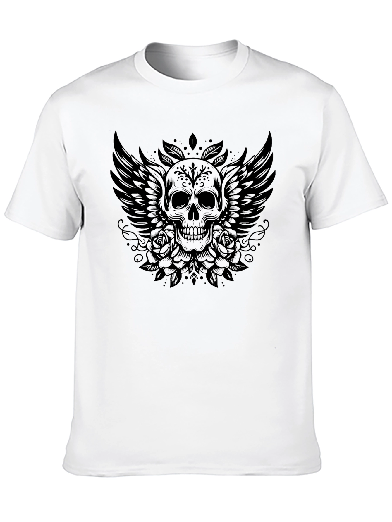Skull Wings Roses Graphic Tee - Black T-Shirt