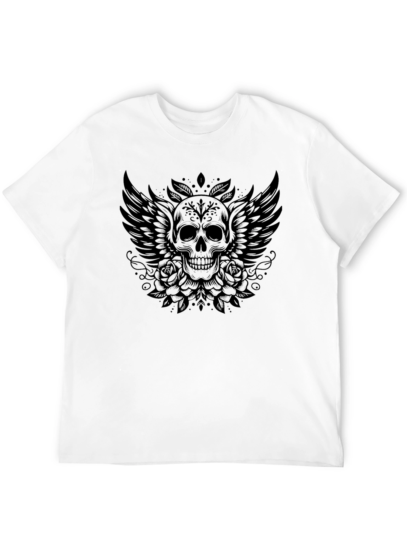 Skull Wings Roses Graphic Tee - Black T-Shirt