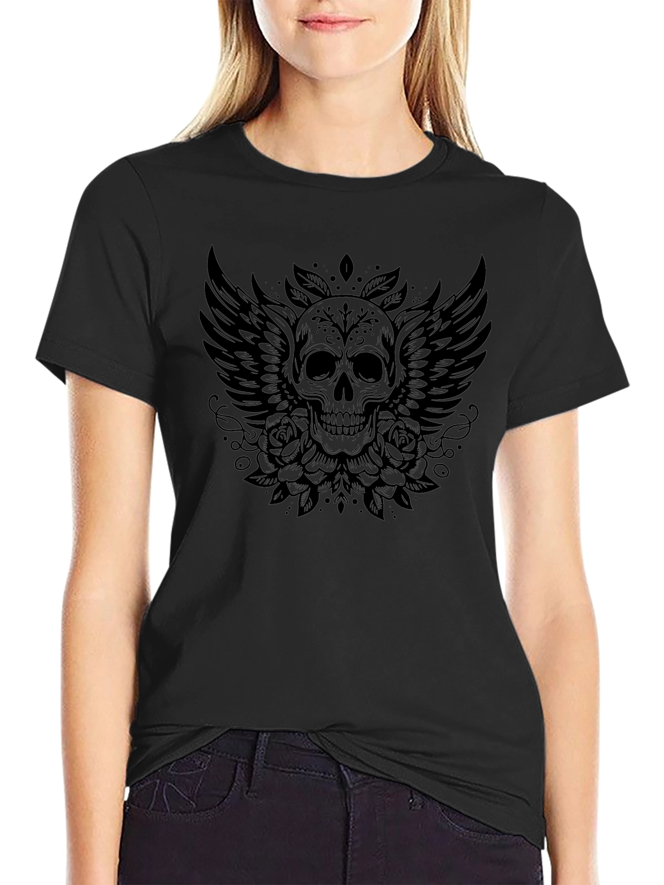 Skull Wings Roses Graphic Tee - Black T-Shirt
