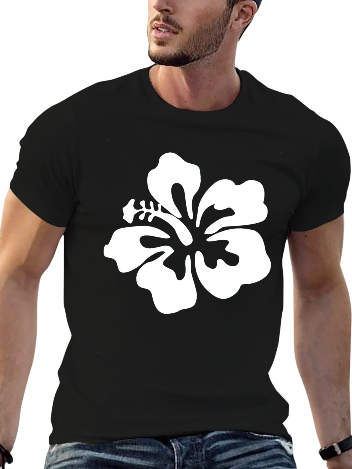 Black T-Shirt with White Hibiscus Flower Graphic