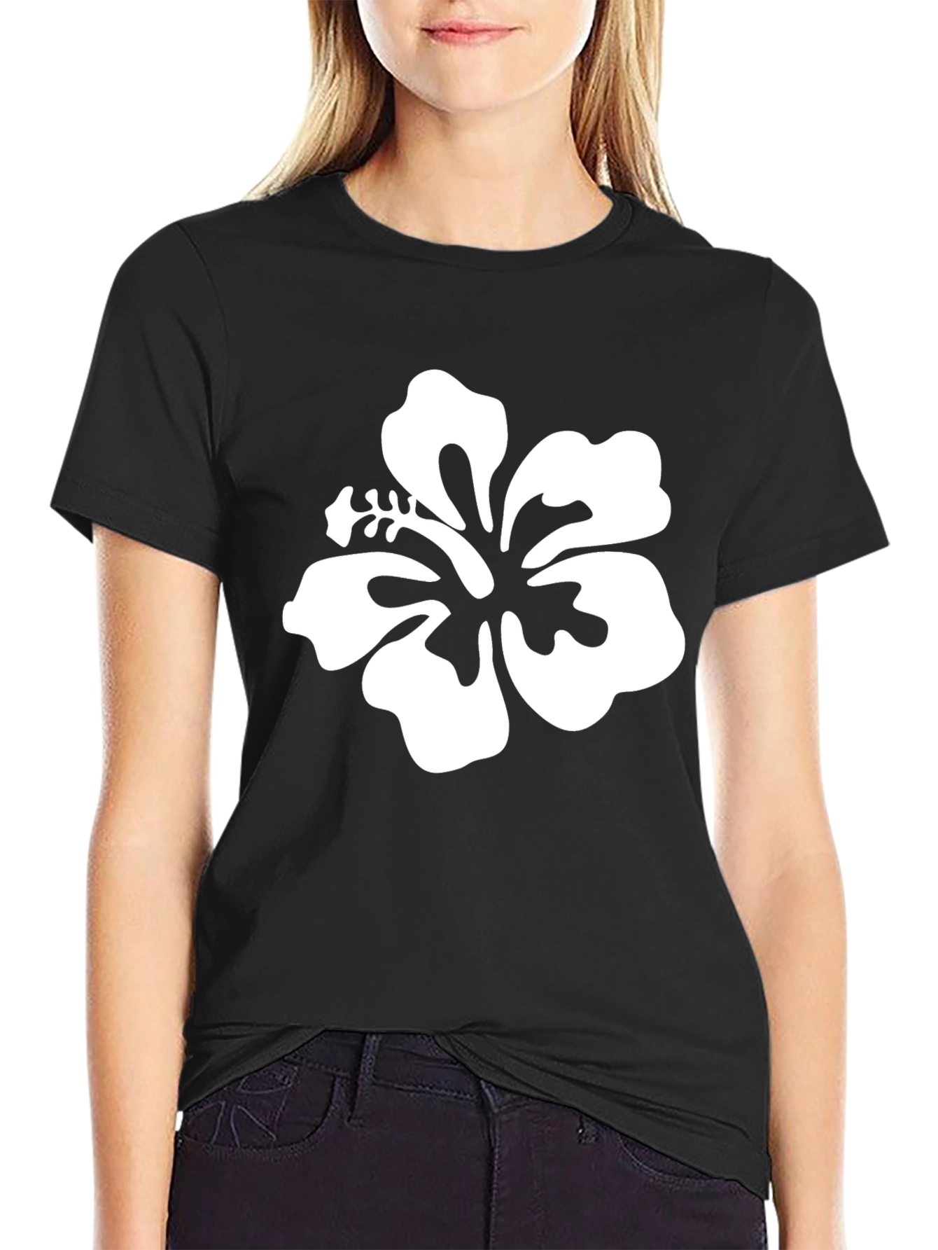 Black T-Shirt with White Hibiscus Flower Graphic