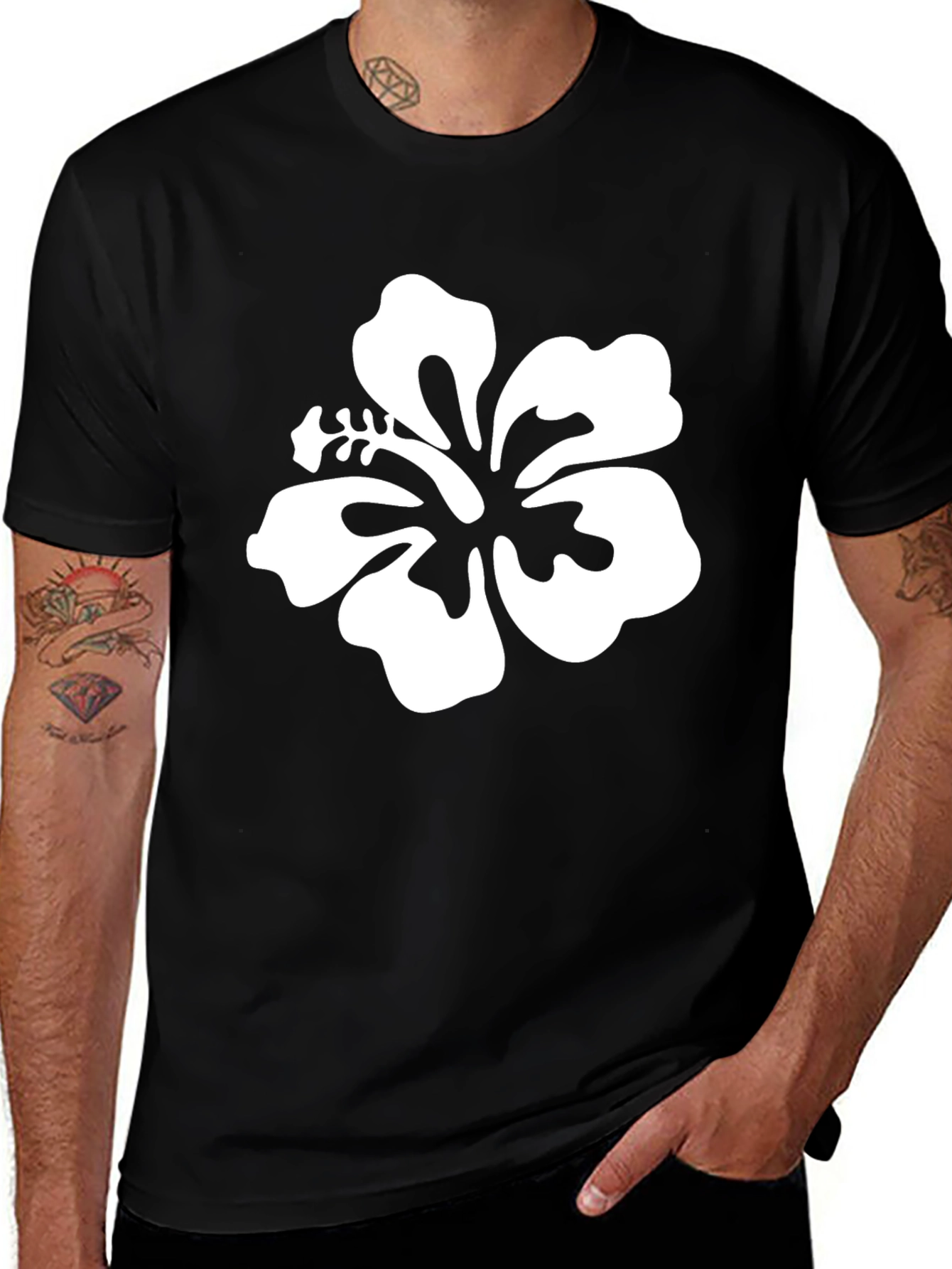 Black T-Shirt with White Hibiscus Flower Graphic