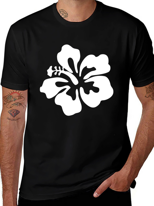 Black T-Shirt with White Hibiscus Flower Graphic