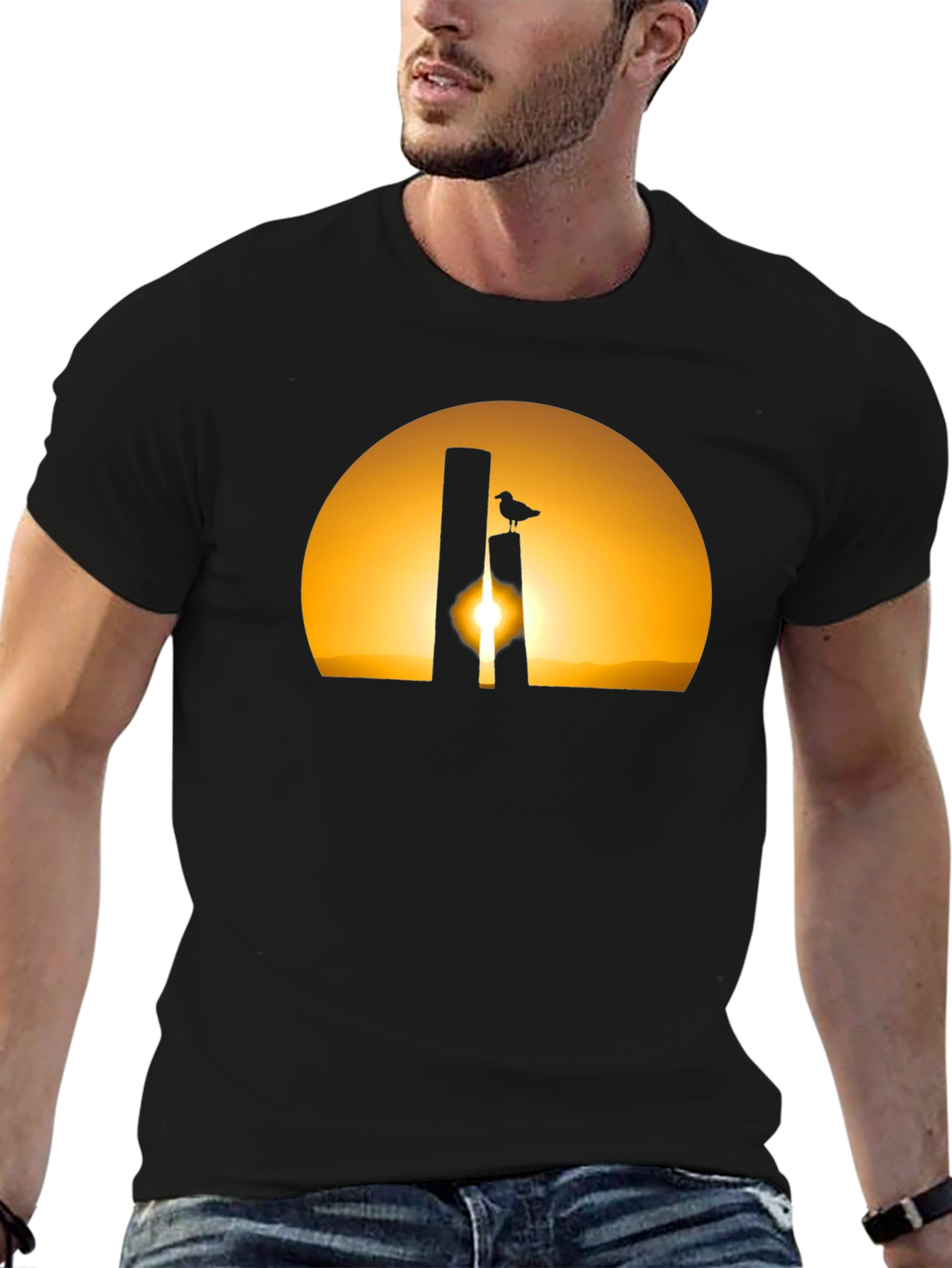 Sunset Bird Silhouette Tee - Black Cotton T-Shirt