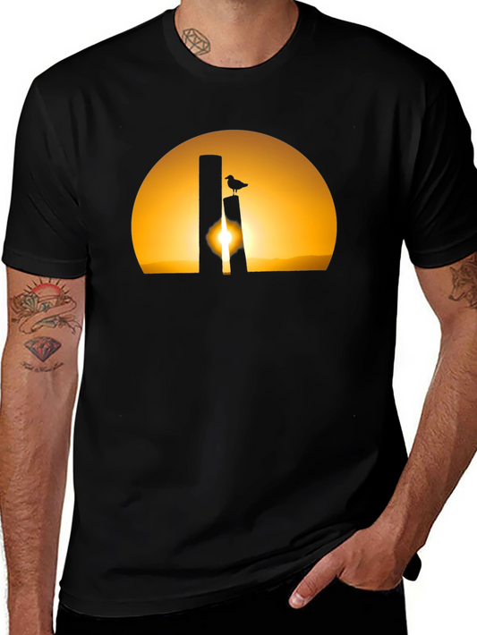 Sunset Bird Silhouette Tee - Black Cotton T-Shirt