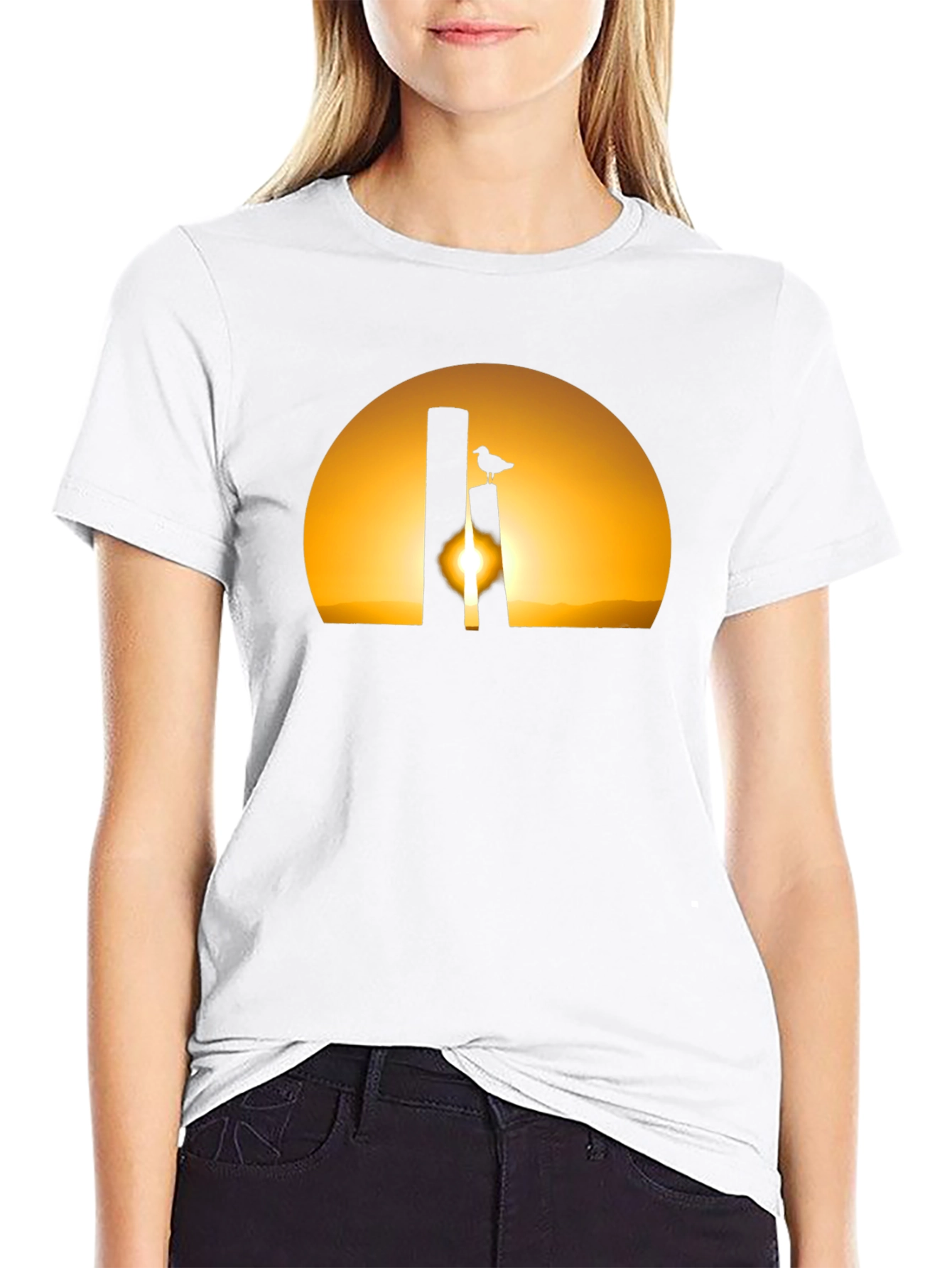 Sunset Bird Silhouette Tee - Black Cotton T-Shirt