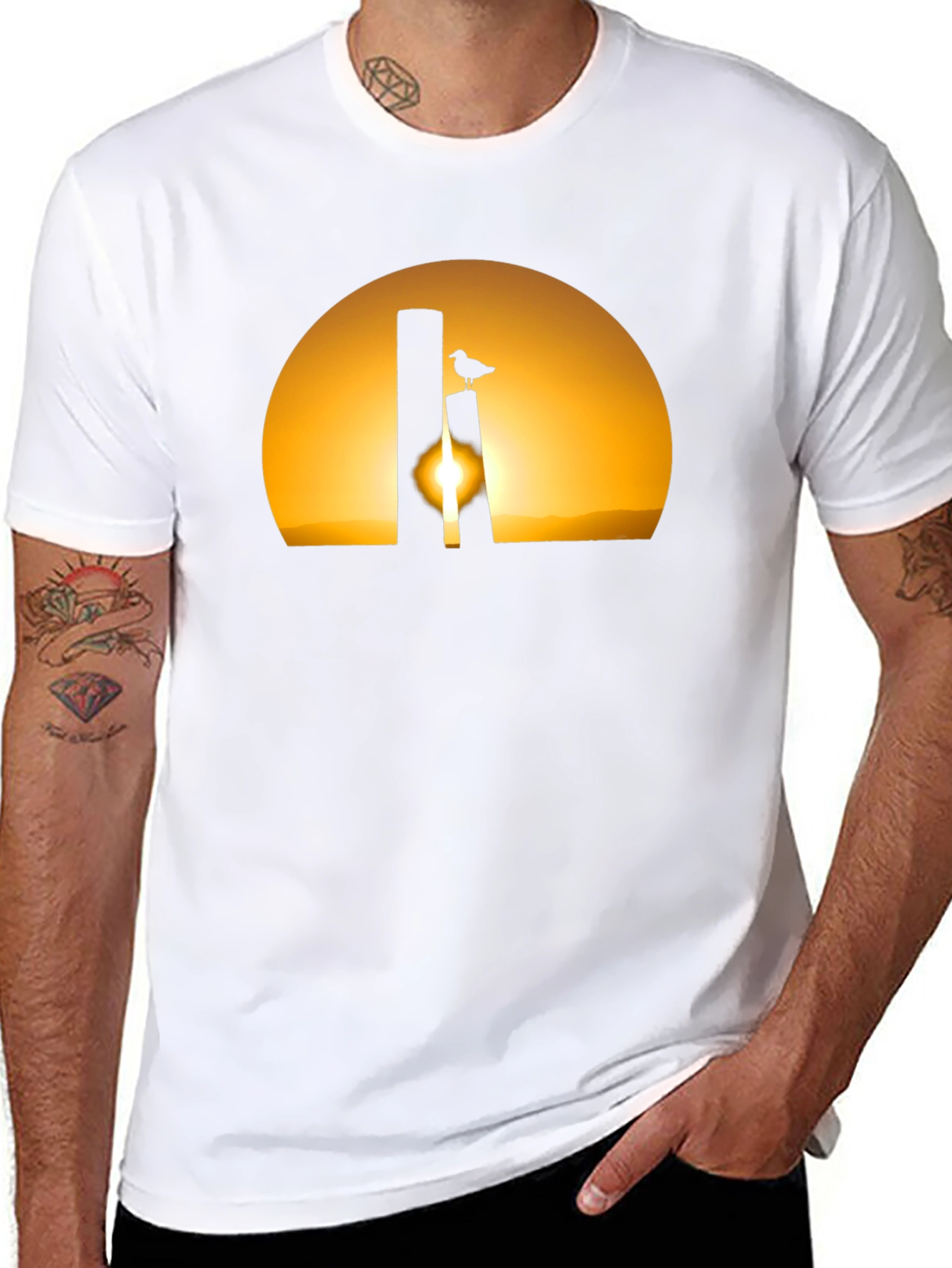 Sunset Bird Silhouette Tee - Black Cotton T-Shirt