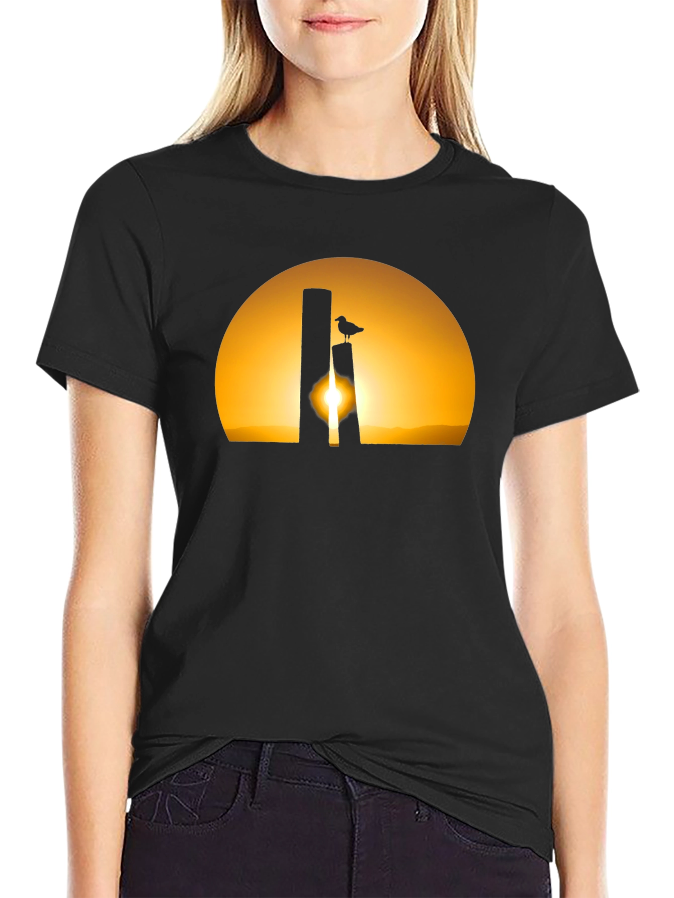 Sunset Bird Silhouette Tee - Black Cotton T-Shirt