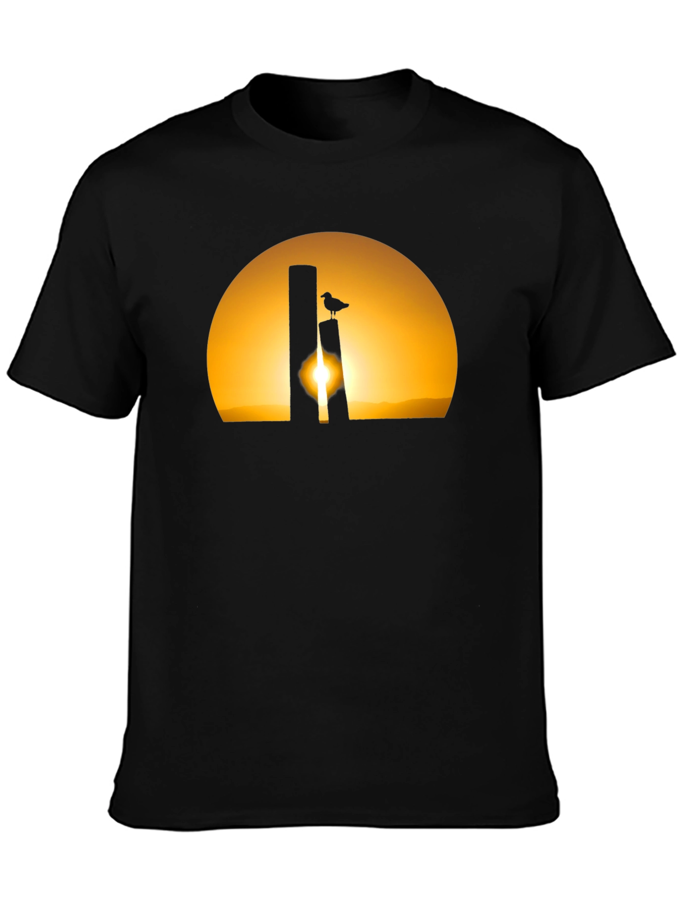 Sunset Bird Silhouette Tee - Black Cotton T-Shirt