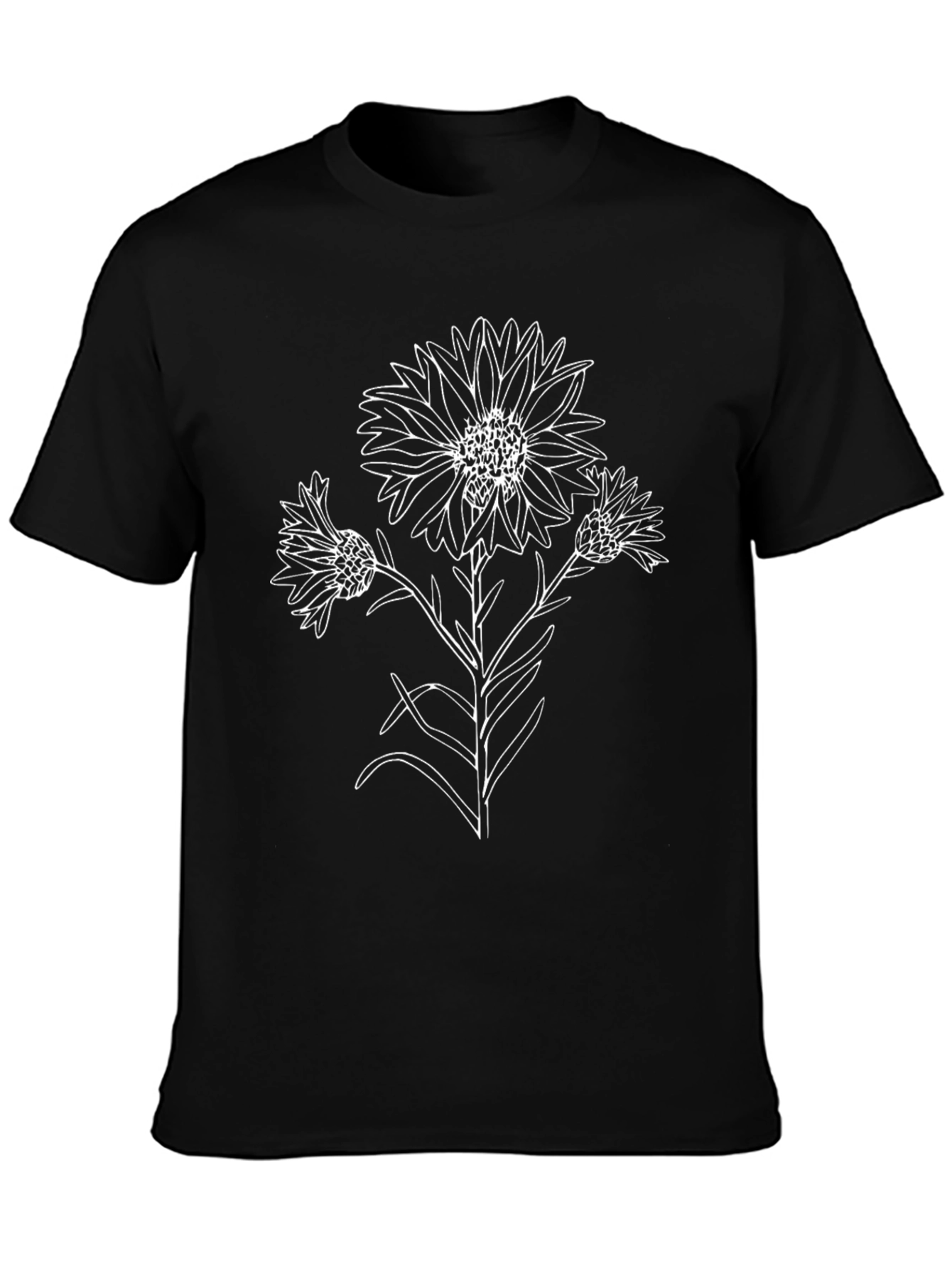 Black T-Shirt with Floral Line Art Design