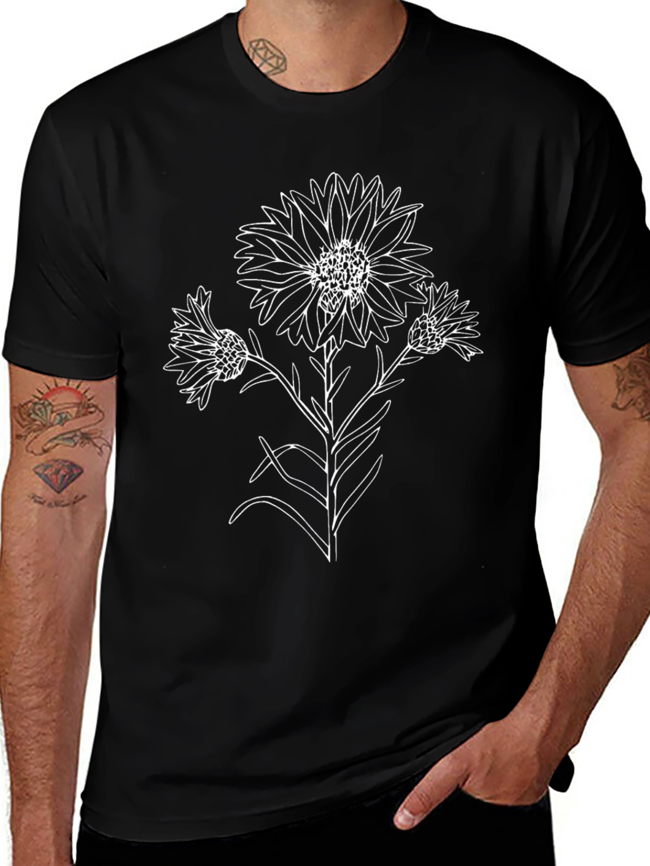 Black T-Shirt with Floral Line Art Design