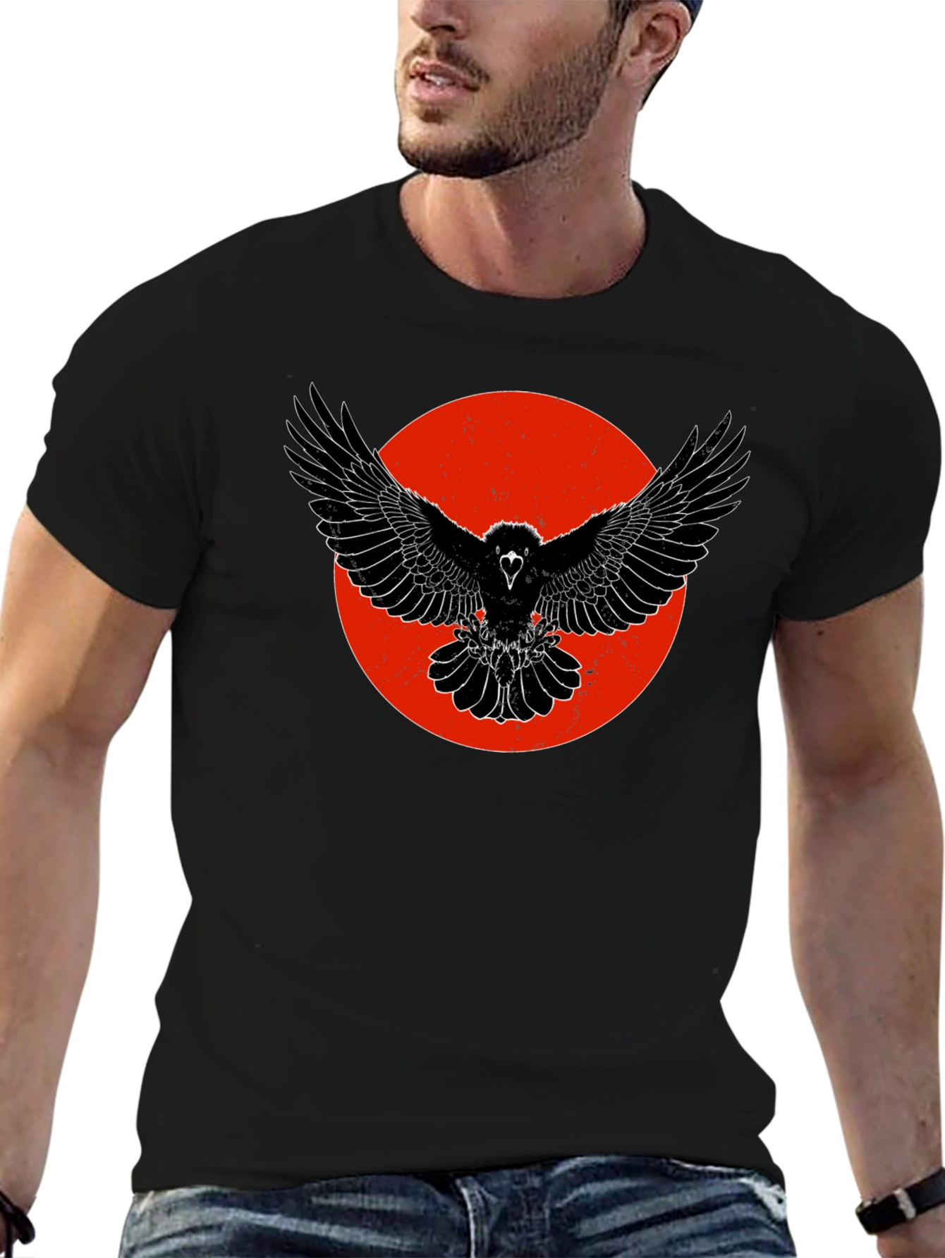 Raven Graphic Tee - Black Cotton Bird Print T-Shirt